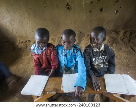 RONGO, KENYA - FEBRUARY 19, 2014: Unidentified children at elementary school in Rongo, Kenya. Since 2003 education in public schools in Kenya became free and compulsory.