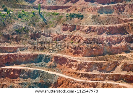 Gold mine open caste. Background of industrial landscape on the open pit. Opencast textured land.