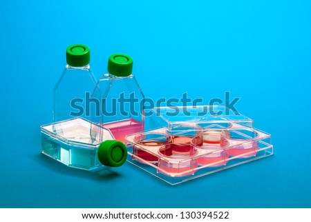 Laboratory equipment for biochemistry testing. Labware dishes and flacks for medical diagnostic. Human cell and blood into scientific laboratory. Lab ware for biomedical analysis.