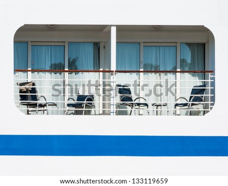 Terrace first-class cabin on a cruise ship. Vacation on board the cruise liner on the top deck. View on luxury ocean liner. Travel on the upper deck of cruise ship.