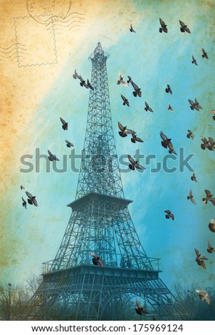 Vintage Post Card from tour in Paris. Romantic trip in France - concept design with Eiffel Tower and flock of doves on blue sky. Vintage picture of Tour Eiffel - aged postcard from travel in Paris.