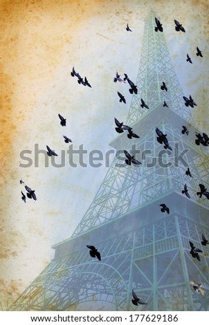 Vintage background from tour in Paris. Romantic trip in France - concept design with Eiffel Tower and flock of doves on blue sky. Vintage poster of Tour Eiffel - aged picture from travel in Paris.