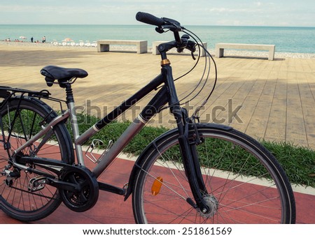 Urban lifestyle - bike at red lane. Bicycle lanes on the summer beach. Bicycle ride along the coast, healthy lifestyle while relaxing at the resort. Bicycling - ecological transport in the city.