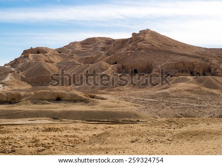 View over the Valley of Kings near Luxor. Travel in Egpyt, famous Egyptian landmarks. Archaeological research in the mountains of the Valley of the Kings in the ancient Egyptian capital of Thebes.