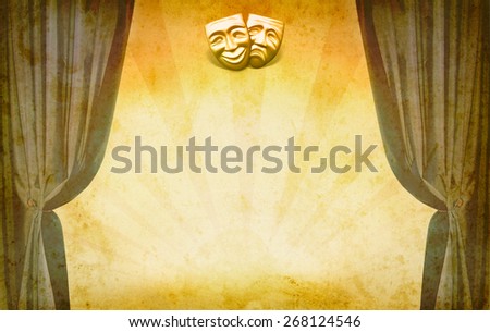 Theater vintage background with open curtains and masks. Art concept of theatrical classic decoration. Old theatrical scene - theater frame in retro style.
