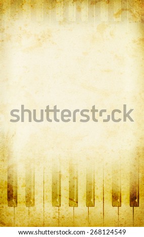 Grunge musical background with piano keys. Art poster with musical instrument on ancient background. Piano in retro style with copy-space for text at paper texture.