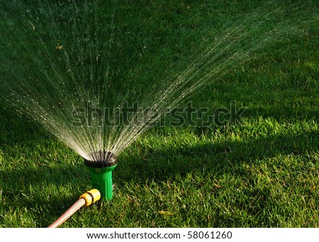Device of irrigation garden. Irrigation system - technique of watering in the garden. Lawn sprinkler spraying water over green grass.