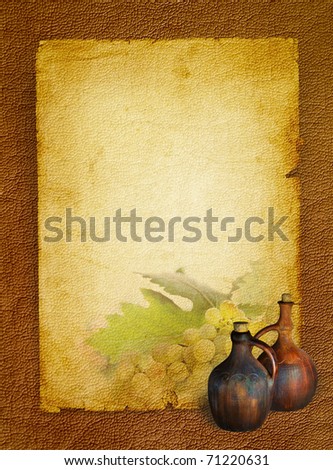 Wine list menu with grapes and old jugs for home wine.  Wine still life with twin old pitchers on textured background.