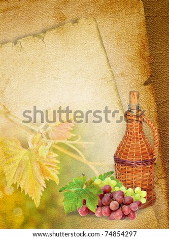 Wine list menu with grapes and old bottle for home wine. Wine still life on textured ancient background.