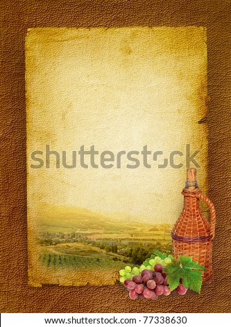 Wine list menu with vineyard and grapes with green leafs. Hand-made traditional bottle of the home vine and bunch grapes. Vintage paper background for the wine poster.