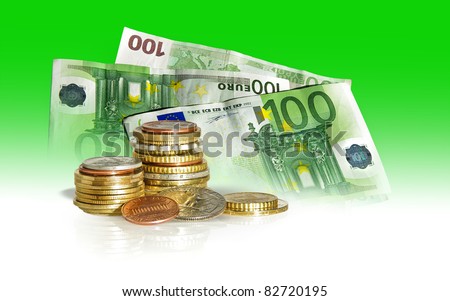 Money concept - world currency, dollars and euros on a green background. Stack of coins - American and European coins pile with some of the wold money for banking operations.
