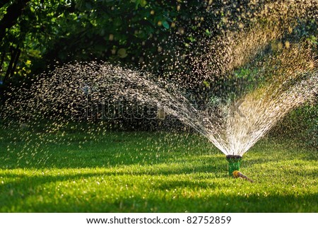 Modern device of irrigation garden. Irrigation system - technique of watering in the garden. Lawn sprinkler spraying water over green grass.