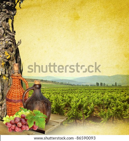 Wine making - still life of the wine. Landscape composition with vineyard, grapevine, grapes and wine\'s bottles.