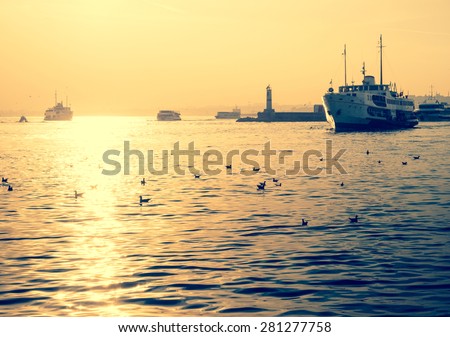 Sea voyage on a motorboat in Istanbul. Silhouettes of turkish steamboat in Istanbul with seagulls at sunset. Vintage passenger ship with soft light effect - travel concept in retro style.