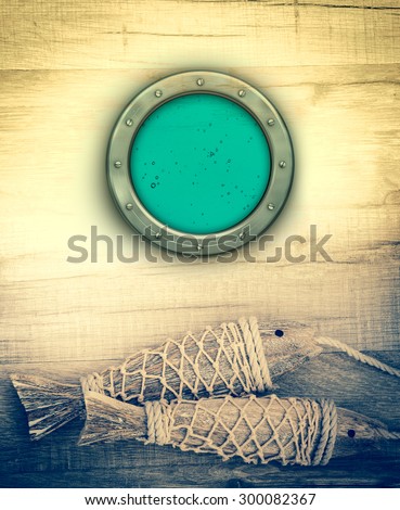Seafood menu background, vertical template. Ship porthole window with sea water and wooden fishes. Cover of sea food menu - background in vintage style with a sea porthole and fish decoration.