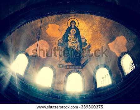 ISTANBUL, TURKEY - APRIL 17, 2015: Virgin Maria - ancient byzantine mosaic on the Hagia Sophia apse. Mosaic of Holy Mary in church of Ayasofia, famous cathedral in old Constantinople.