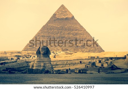 Pyramid of Khafre (Chephren) and Great Sphinx of Giza, famous egyptian landmarks in Cairo. Sphinx is a mythical creature with lion body in ancient culture of Egypt and oldest monumental sculpture.