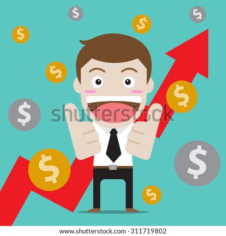 Businessman character design thumb up for arrow up and profit. (Set of business people about economy and finance)