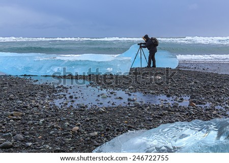 Photographer in Jokulsarlon Glacier Lagoon in South Iceland