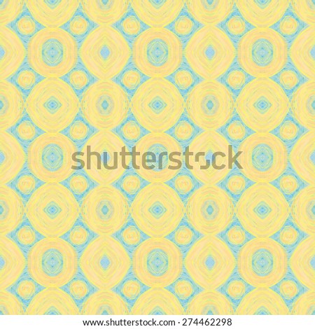 Hand drawn seamless pattern with yellow circles, ovals and diamonds on a baby blue background, ideal for print, fashion, wrapping paper, home decor etc.