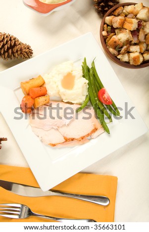 Sliced turkey breast on square plate with vegetables