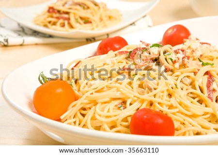 Rich pasta carbonara with mushroom and crab