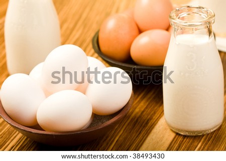 Milk and eggs on wood table