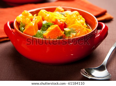 Spicy Indian vegetable curry with cauliflower, sweet potato, and carrot