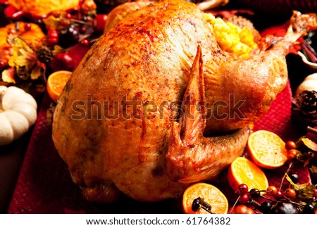 Thanksgiving Turkey on with fall decorations and mashed sweet potatoes, Swiss chard, and cranberry sauce