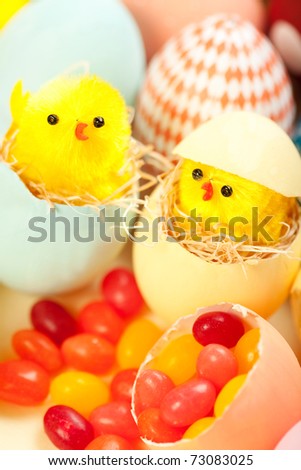 Easter chicks in eggs with jelly beans