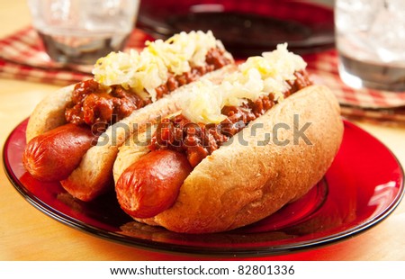 Perfect for the big game,  picnic, party or anytime, chili dogs with sauerkraut.
