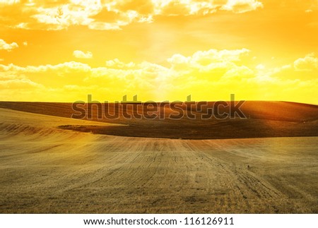 Agricultural land and yellow sunset sky