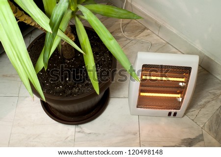 Electric heater with halogen coils. Flower pot and heater on marble slabs