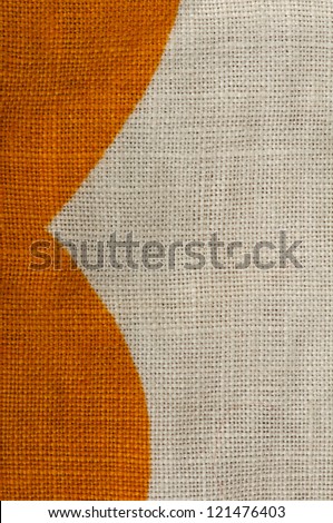 Stamped multicolored lines fabric. Natural linen fabric. Orange and white colors