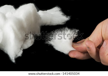 Hand holding piece of Cotton wool. Black isolated