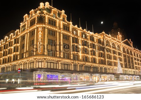 London, United Kingdom - Circa November 2013:Harrods Department Store. Facade Illuminated At Night.