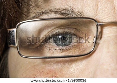 Close up old women blue eye and glasses