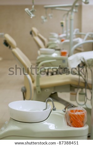 Dental office and equipment. Student hall for practical training