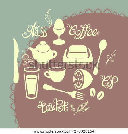 vector outline illustration of food breakfast element in vintage style, teapot, coffee, butter with curly  signs on lace napkin