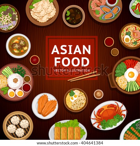 Asian food. Traditional national dishes on a wooden background. Vector illustration. Banner, menu. Flat design. Asian cuisine. Eps10.