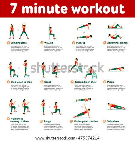 7 minute workout. Fitness, Aerobic  and workout exercise in gym. Vector set of gym icons in flat style isolated on white background. People in gym. Gym equipment, dumbbell, weights, treadmill, ball.