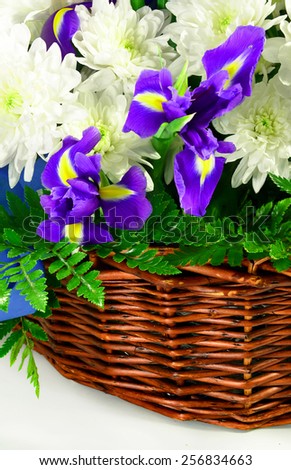 Basket of flowers and greens isolated on white
