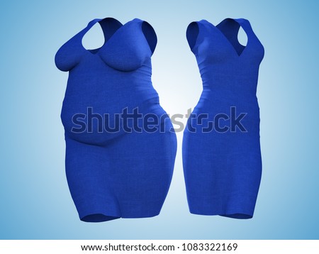 Conceptual fat overweight obese female dress outfit vs slim fit healthy body after weight loss or diet thin young woman on blue. A fitness, nutrition or fatness obesity health shape 3D illustration