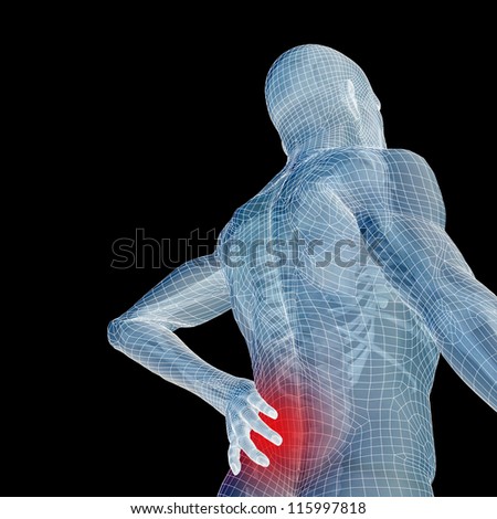 High resolution concept or conceptual 3d human male or man anatomy isolated on black background as metaphor to pain,back,body,spine,backache,medical, injury,medicine,health,hurt,painful,spinal therapy
