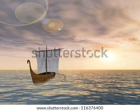 Concept or conceptual old ship or sailboat in wavy water in a sea or ocean over a sky with clouds, sun at sunset as metaphor for nature,summer,vacation,tourism,sail,tropical,peace,yachting or free