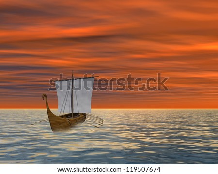 Concept or conceptual old ship or sailboat in wavy water in a sea or ocean over a sky with clouds, sun at sunset as a metaphor for nature,summer,vacation,tourism,sail,tropical,peace,yachting or free