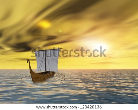 Concept or conceptual old ship or sailboat in wavy water in a sea or ocean over a sky with clouds, sun at sunset as a metaphor for nature,summer,vacation,tourism,sail,tropical,peace,yachting or free