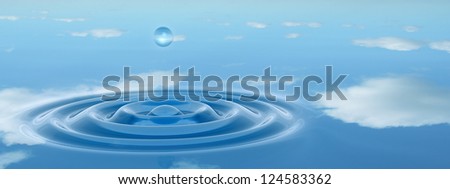 High resolution concept or conceptual blue liquid drop falling in water background banner with ripples and waves, ideal for nature,natural,summer,spa,cool,business,environment,rain or health design