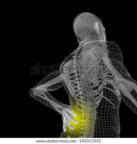 High resolution concept or conceptual 3d human male or man anatomy isolated on black background as metaphor to pain,back,body,spine,backache,medical,injury,medicine,health,hurt,painful,spinal  therapy
