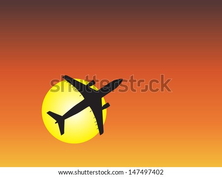 A concept or conceptual black plane,airplane aircraft silhouette flying over sky at sunset,sunrise background,metaphor to air,travel,transportation,jet,flight,transport,business,vacation,tourism